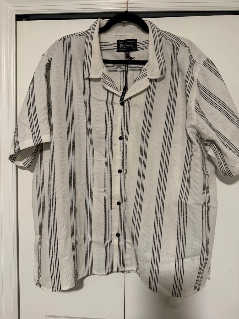 Black Vertical-Striped Short Sleeve Button-Down Shirt